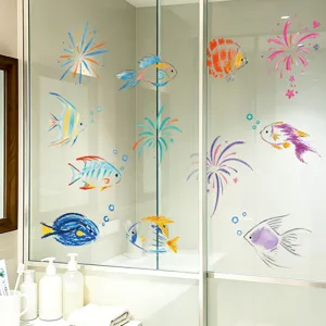 Kleurrijke zeevis raamglasstickers, statische muurstickers voor badkamer schuifdeur decoratie.