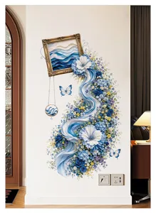 Detailed view of the blue rose photo frame flower waterfall wall sticker for home decor.