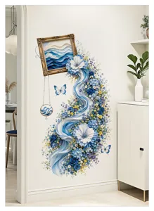 Blue rose picture frame flower waterfall wall sticker detail view, elegant floral decor.