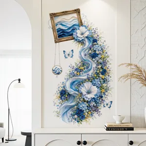 Blue Rose Photo Frame Floral Waterfall Wall Sticker Aesthetic Decorative Painting For Bedroom Door Botanical Flower Wall Decal PVC Waterproof Decor