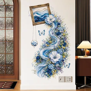 Blue rose photo frame flower waterfall wall sticker aesthetic bedroom floral decor art.