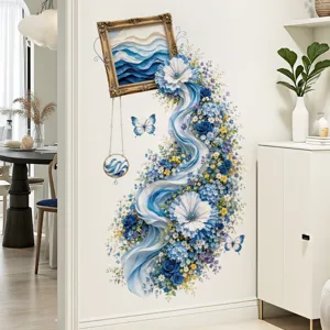 Blue rose photo frame flower waterfall wall sticker, aesthetic bedroom floral decor art.