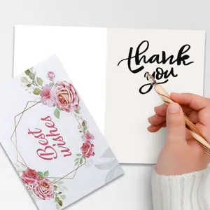 Detailed view of handmade greeting card with watercolor rose floral design and elegant script.