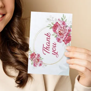 Detailed close-up view of a floral greeting card with elegant watercolor roses and text.