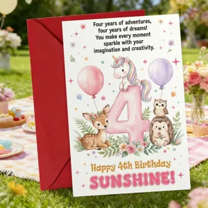 Jolie carte de vœux et enveloppe pour 4ème anniversaire de fille, adorable design d'animaux.