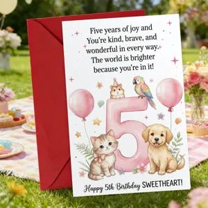 Jolie carte de vœux pour 5e anniversaire avec enveloppe rouge et animaux mignons fille.