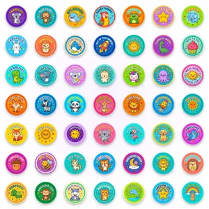 Detailed view of cute cartoon animal reward stickers with encouraging English words for kids.