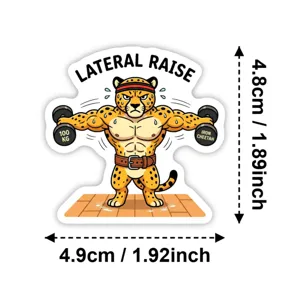 Gros plan détaillé d'un autocollant de fitness guépard drôle avec haltère et dimensions.
