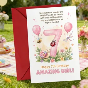 Belle carte de vœux pour 7e anniversaire avec enveloppe rouge, animaux aquarelle fille.