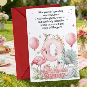 Vue détaillée d'une carte de voeux 9e anniversaire enfants avec animaux et enveloppe.