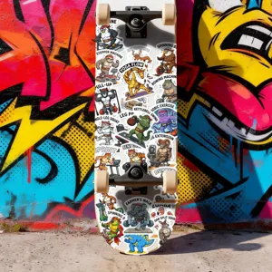 Vue détaillée d'autocollants de fitness d'animaux drôles avec des motifs de gym sur un skateboard.