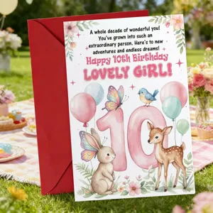 Carte de vœux 10ème anniversaire enfant enveloppe rouge design aquarelle animal mignon