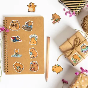 Cute capybara stickers detail view, waterproof cartoon vinyl decal for notebook luggage.