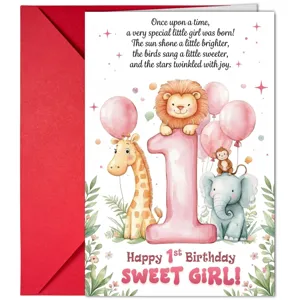 Jolie carte de vœux pour le 1er anniversaire de petite fille avec animaux et enveloppe.