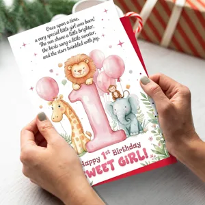 Vue détaillée d'une jolie carte de vœux d'anniversaire animaux aquarelle avec enveloppe fille.