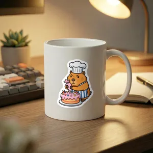 White ceramic coffee mug featuring a cute capybara chef graphic design for daily use.