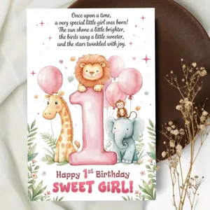 Carte de vœux d'anniversaire animaux jungle aquarelle détail avec texte pour petite fille.
