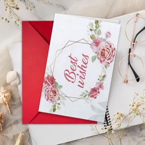 Greeting card set with red envelope watercolor roses floral design for birthday wedding thanksgiving