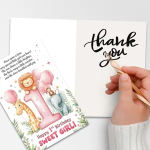 Jolie carte de vœux pour 1er anniversaire et enveloppe avec animaux aquarelle pour filles.