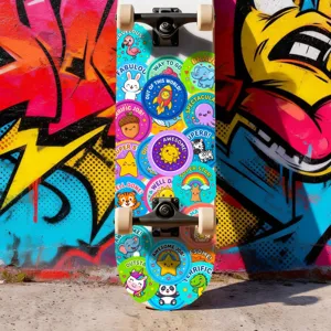 Detail shot of colorful cartoon animal reward stickers decorated on a skateboard, waterproof.