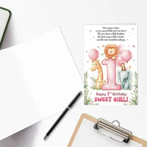 Jolie carte de vœux 1er anniversaire avec animaux aquarelle pour petite fille.