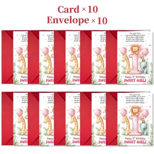 Vue détaillée de la jolie carte de vœux d'anniversaire et enveloppe rouge avec des animaux.
