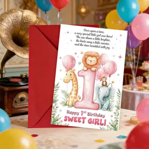 Vue détaillée de la jolie carte de vœux d'anniversaire d'animaux et de l'enveloppe pour filles.