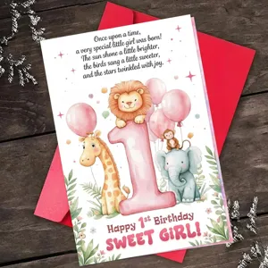 Vue détaillée de jolie carte de vœux 1er anniversaire animaux aquarelle et enveloppe.
