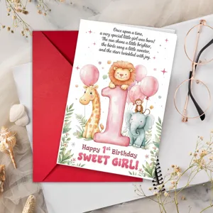 Carte de Vœux Anniversaire Animaux Aquarelle Avec Enveloppe Pour Enfants Filles Lion Girafe Éléphant