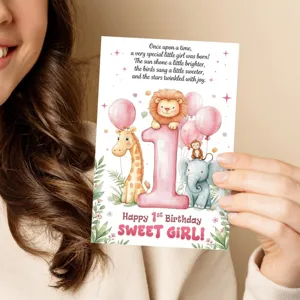 Carte de vœux mignonne pour 1er anniversaire de fille avec animaux aquarelle et design rose.