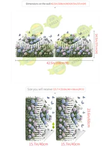 Stickers muraux hortensias bleus avec clôture et papillons, décors muraux amovibles en PVC.