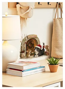 Adesivi da parete natalizi con simpatici topi e gatto, decorazione festiva accogliente per la casa.