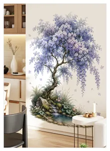 Grote blauweregen muursticker, bloemrijke stroom landschapsdecor voor woonkamer muur.