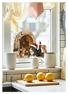 Adesivo per finestre Natale gatto simpatico topi sticker murale decorazione casa rimovibile