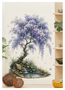 Gedetailleerd overzicht grote blauweregen boom muursticker met waterval vijver woonkamer.