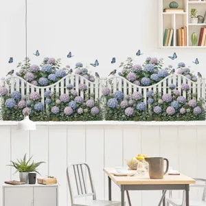 Sticker Mural Hortensia Bleu Cloture Papillon Amovible Decoration Maison Chambre Salon