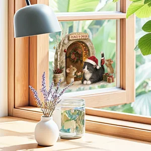 Adesivo per finestra Natale gatto carino topi murale decorazione PVC vetro casa