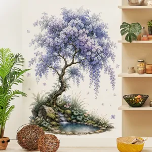 Grote blauwe regen muursticker, afneembare bloemige muursticker voor woonkamer achtergrond decor.