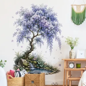 Grote blauweregen muursticker, elegante bloemen waterval landschap sticker voor woonkamer.