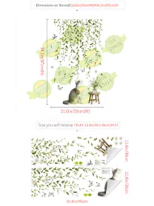 Daisy vine cat wall sticker set, elegant floral background decor for bedroom and living room.