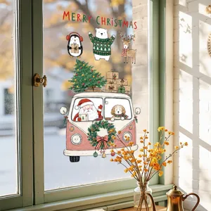 Weihnachten Fensteraufkleber Statisch Haftend Weihnachtsmann Karikatur Tiere Muster PVC Glastür Dekoration Aufkleber Festliche Partybedarf Haus Ornamente
