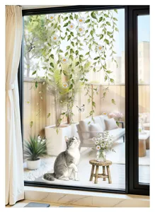 Daisy plant vine cat glass window sticker detailed view showing exquisite floral wall decor.