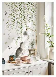 Daisy floral vine and cute cat wall sticker for bedroom and living room warm home decor.