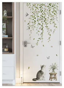 Detailed scene view of daisy vine and cute cat wall sticker decoration for door or wall.