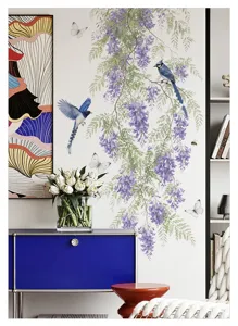 Botanische blauweregen muursticker vogel vlinder huisdecoratie afneembare wandkunst