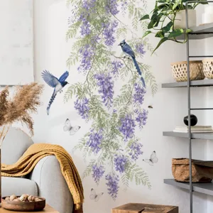 Verwijderbare Wisteria Bloem Rank Muursticker Paars Floraal Vogel Vlinder Sticker Voor Woonkamer Slaapkamer Deur Decoratie
