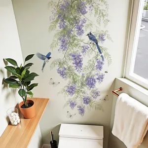 Prachtige blauweregen en blauwe vogel muursticker voor huisdecoratie, verwijderbaar bloemenbehang.