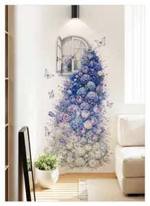 Autocollant mural fenêtre fleurs bleues, détail parfait pour la déco du salon et de la chambre.