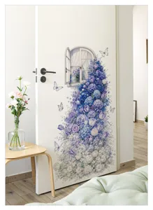 Autocollant de porte floral bleu décoration murale esthétique vue de détail pièce