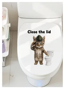 Vue détaillée de l'autocollant de siège de toilette chat drôle, étanche, idéal.
